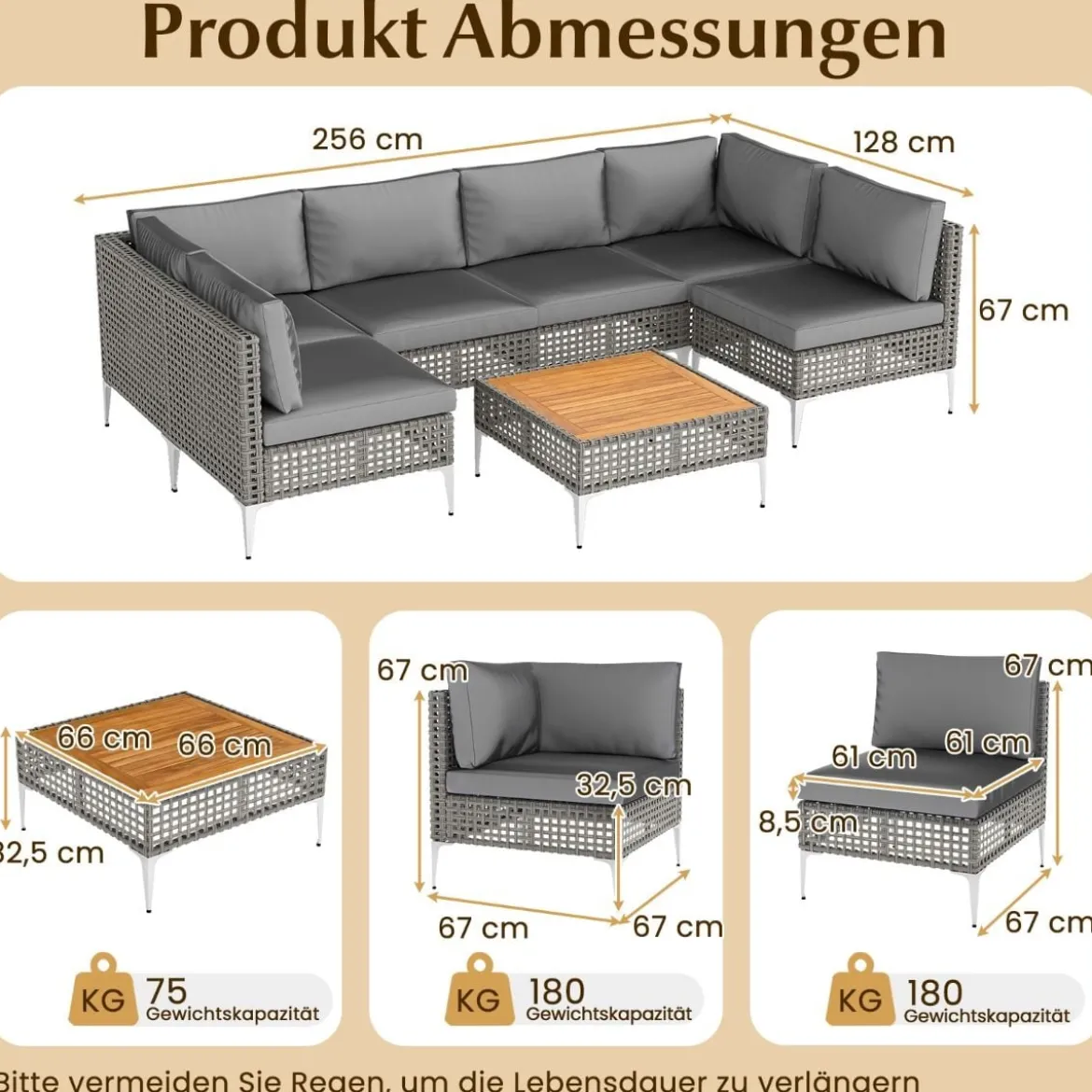 7-TLG Lounge Möbel Outdoor Rattan Gartenlounge mit Tisch und Kissen frei kombinierbar Gartenmöbel Set
