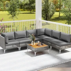 7-TLG Lounge Möbel Outdoor Rattan Gartenlounge mit Tisch und Kissen frei kombinierbar Gartenmöbel Set