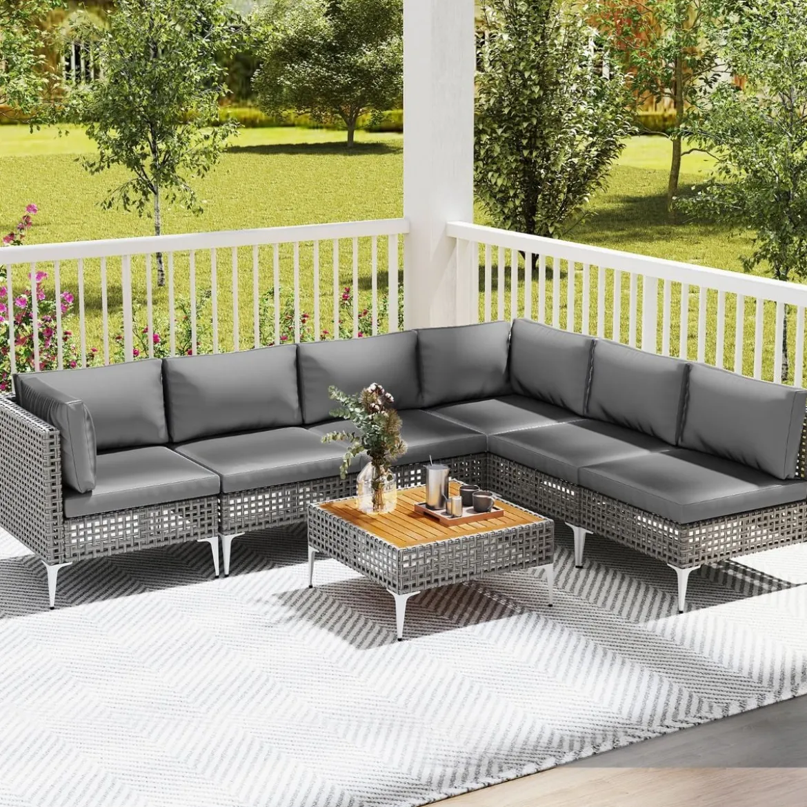 7-TLG Lounge Möbel Outdoor Rattan Gartenlounge mit Tisch und Kissen frei kombinierbar Gartenmöbel Set