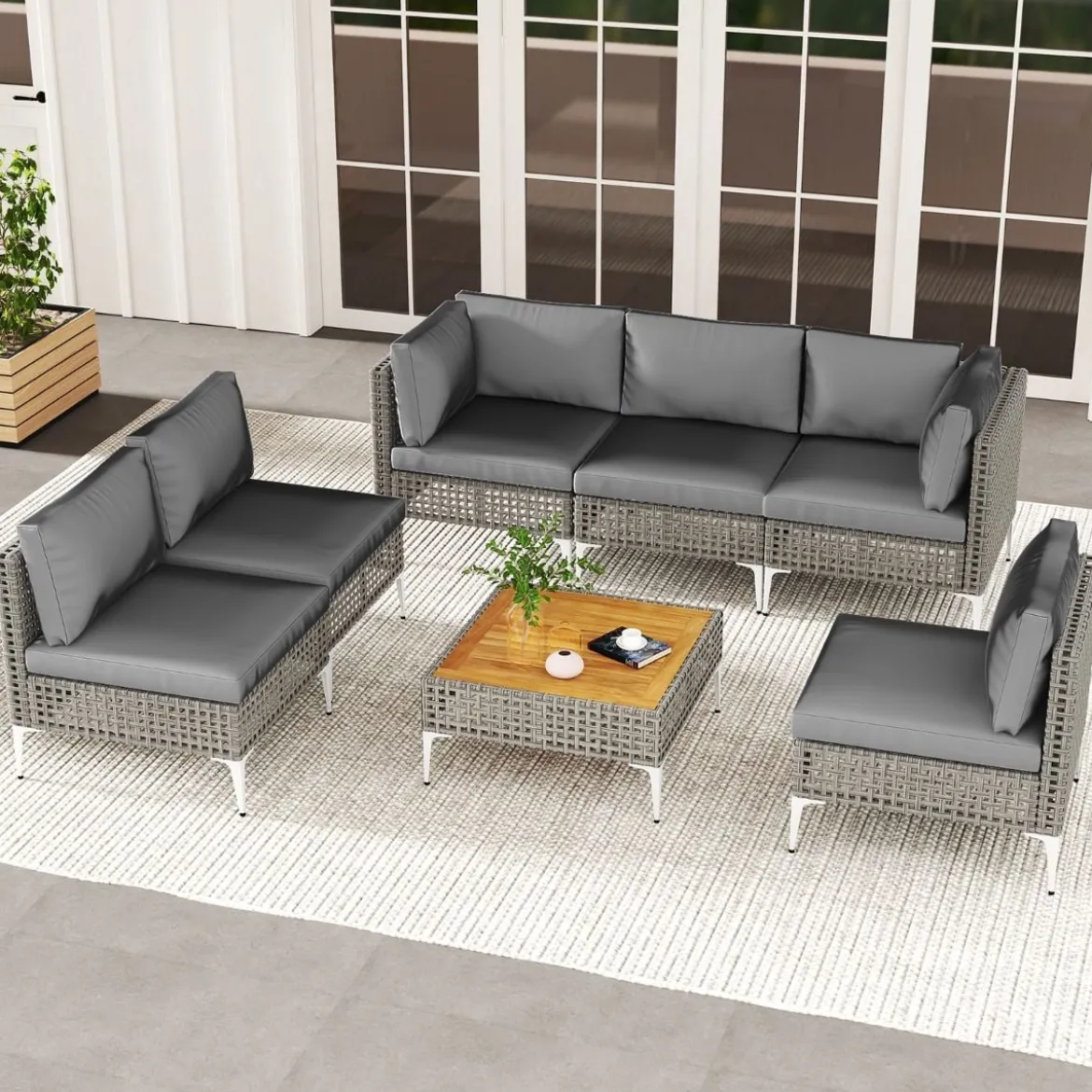 7-TLG Lounge Möbel Outdoor Rattan Gartenlounge mit Tisch und Kissen frei kombinierbar Gartenmöbel Set