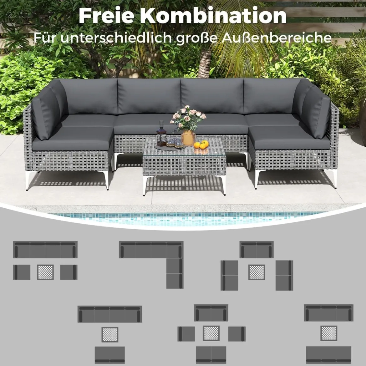 7-TLG Lounge Möbel Outdoor Rattan Gartenlounge mit Tisch und Kissen Sitzgruppe für Garten Terrasse Balkon