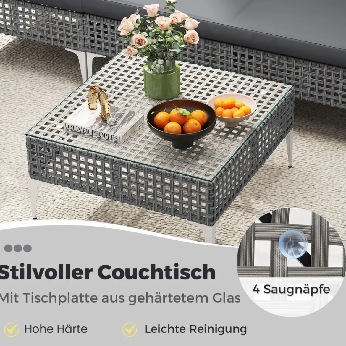 7-TLG Lounge Möbel Outdoor Rattan Gartenlounge mit Tisch und Kissen Sitzgruppe für Garten Terrasse Balkon