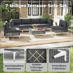 7-TLG Lounge Möbel Outdoor Rattan Gartenlounge mit Tisch und Kissen Sitzgruppe für Garten Terrasse Balkon