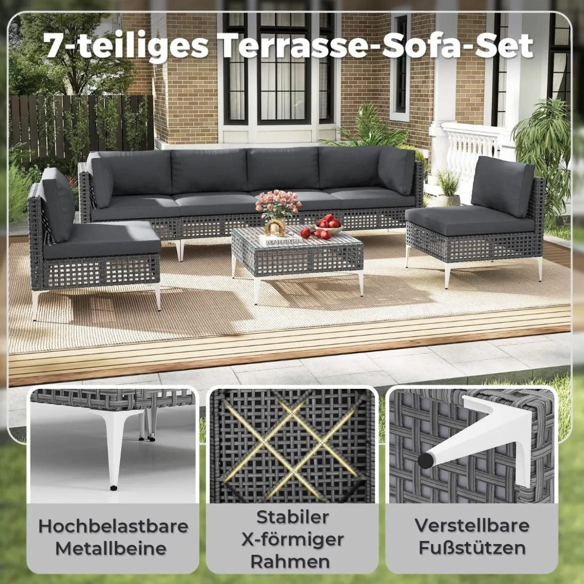 7-TLG Lounge Möbel Outdoor Rattan Gartenlounge mit Tisch und Kissen Sitzgruppe für Garten Terrasse Balkon