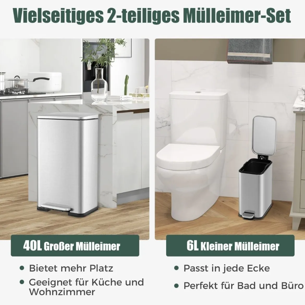 2 tlg. Mülleimer-Set 40L & 6L Setz-Abfalleimer-Kombination mitAufklapp- & Soft-Close-Deckel