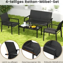 4tlg. Olyrattan Gartenmöbel Set inkl. 2 Stühlen & Bank & Tisch Terrassenmöbel Sitzgruppe Schwarz