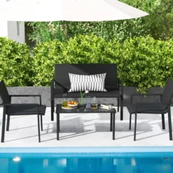 4tlg. Olyrattan Gartenmöbel Set inkl. 2 Stühlen & Bank & Tisch Terrassenmöbel Sitzgruppe Schwarz