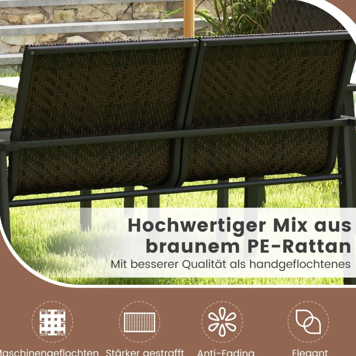 4tlg. Olyrattan Gartenmöbel Set inkl. 2 Stühlen & Bank & Tisch Terrassenmöbel Sitzgruppe Braun