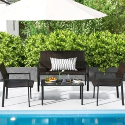 4tlg. Olyrattan Gartenmöbel Set inkl. 2 Stühlen & Bank & Tisch Terrassenmöbel Sitzgruppe Braun