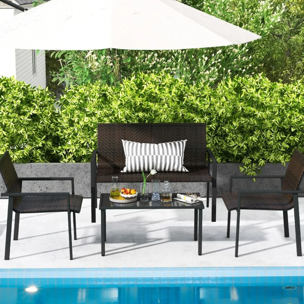 4tlg. Olyrattan Gartenmöbel Set inkl. 2 Stühlen & Bank & Tisch Terrassenmöbel Sitzgruppe Braun