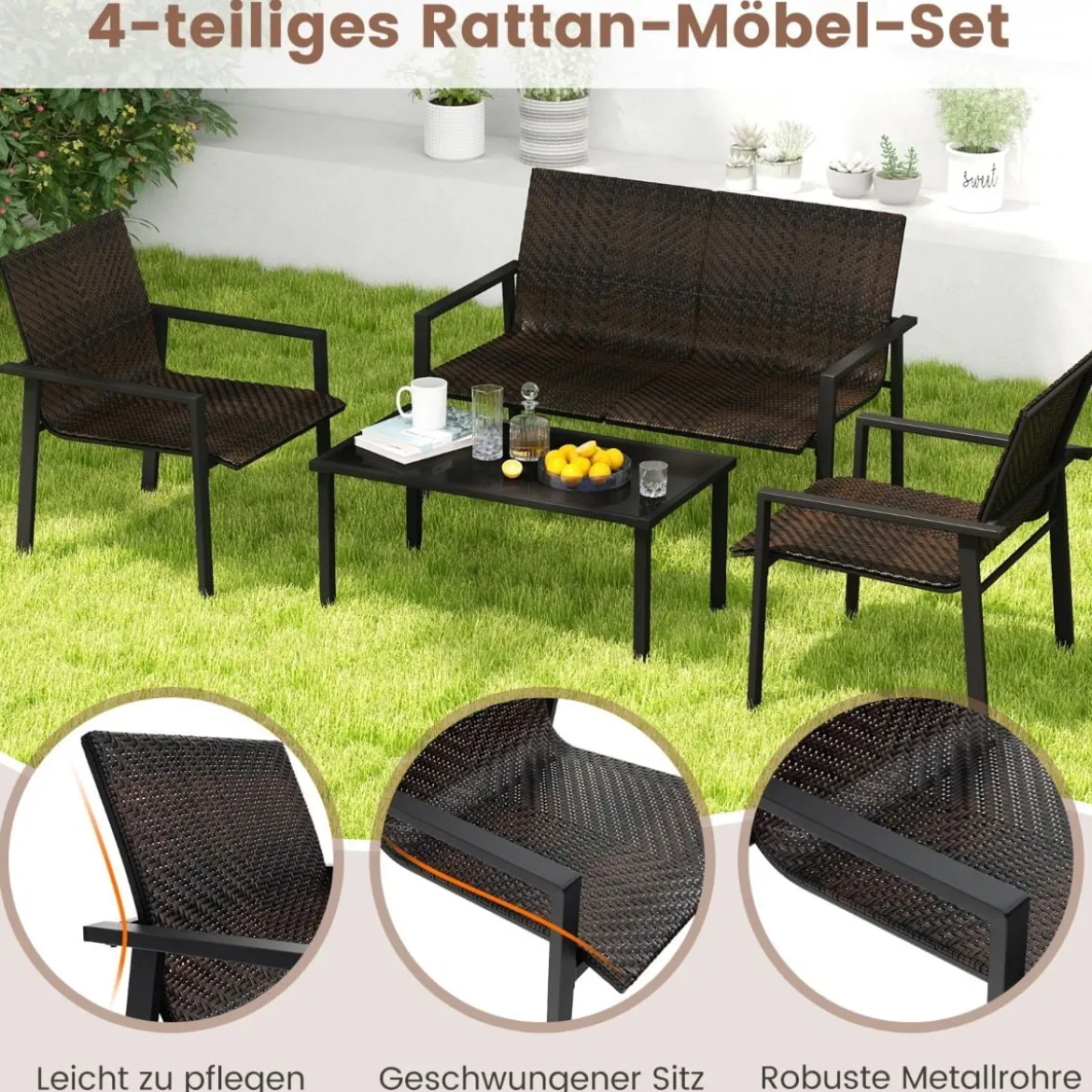 4tlg. Olyrattan Gartenmöbel Set inkl. 2 Stühlen & Bank & Tisch Terrassenmöbel Sitzgruppe Braun