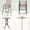 4 tlg. Outdoor Bar-Set Runder Bartisch mit 2 Klappbaren Barhockern & Sonnenschirm Beige