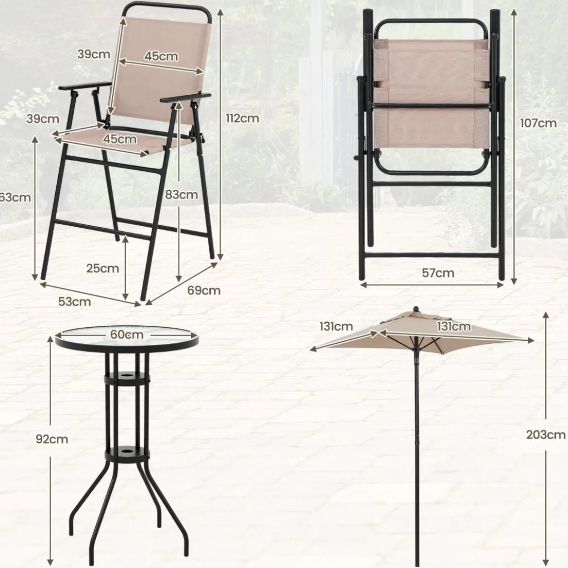 4 tlg. Outdoor Bar-Set Runder Bartisch mit 2 Klappbaren Barhockern & Sonnenschirm Beige