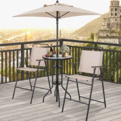4 tlg. Outdoor Bar-Set Runder Bartisch mit 2 Klappbaren Barhockern & Sonnenschirm Beige