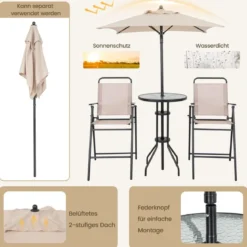 4 tlg. Outdoor Bar-Set Runder Bartisch mit 2 Klappbaren Barhockern & Sonnenschirm Beige