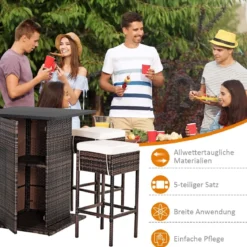 5 TLG. Outdoor-Rattan-Bar-Set Rattan Gartenbar Set Bartisch mit 4 Barhockern & Kissen