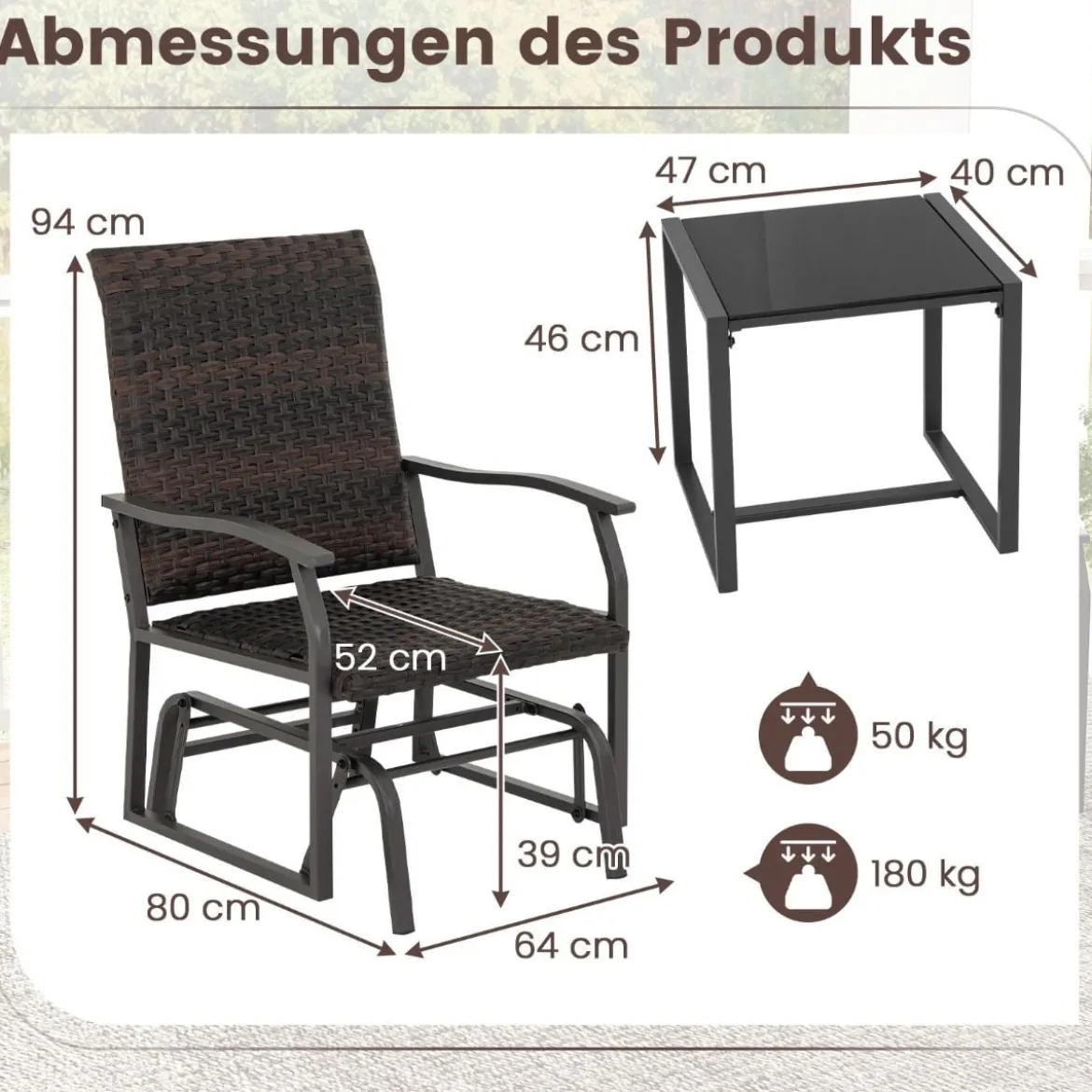 3tlg. Rattan Balkonmöbel Set Balkonset mit 2 Stühlen & Tisch Gartenmöbel mit Gepolstertem Sitz