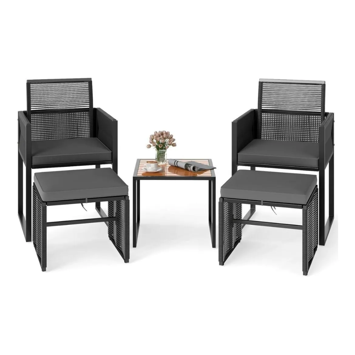 5tlg. Rattan Gartenmöbel Set inkl. 2 Stühle mit Kissen & Hocker & Tisch Balkonset Gartenset