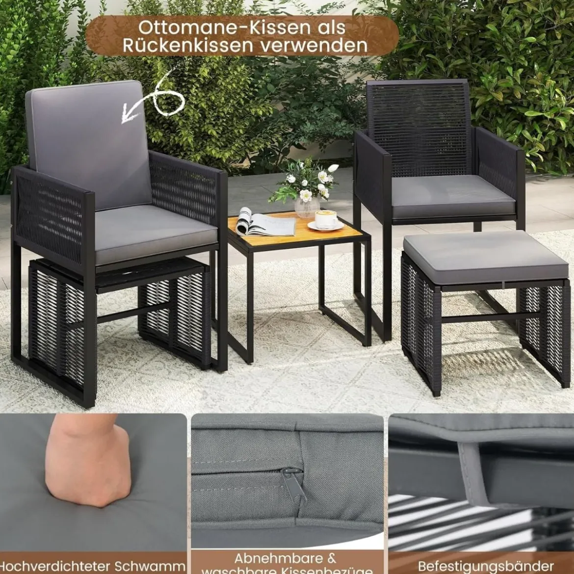 5tlg. Rattan Gartenmöbel Set inkl. 2 Stühle mit Kissen & Hocker & Tisch Balkonset Gartenset