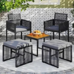 5tlg. Rattan Gartenmöbel Set inkl. 2 Stühle mit Kissen & Hocker & Tisch Balkonset Gartenset