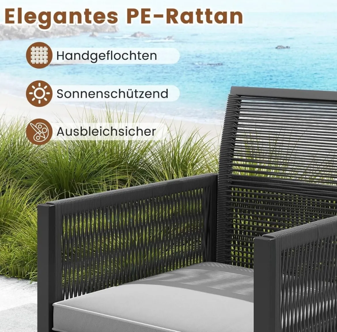 5tlg. Rattan Gartenmöbel Set inkl. 2 Stühle mit Kissen & Hocker & Tisch Balkonset Gartenset