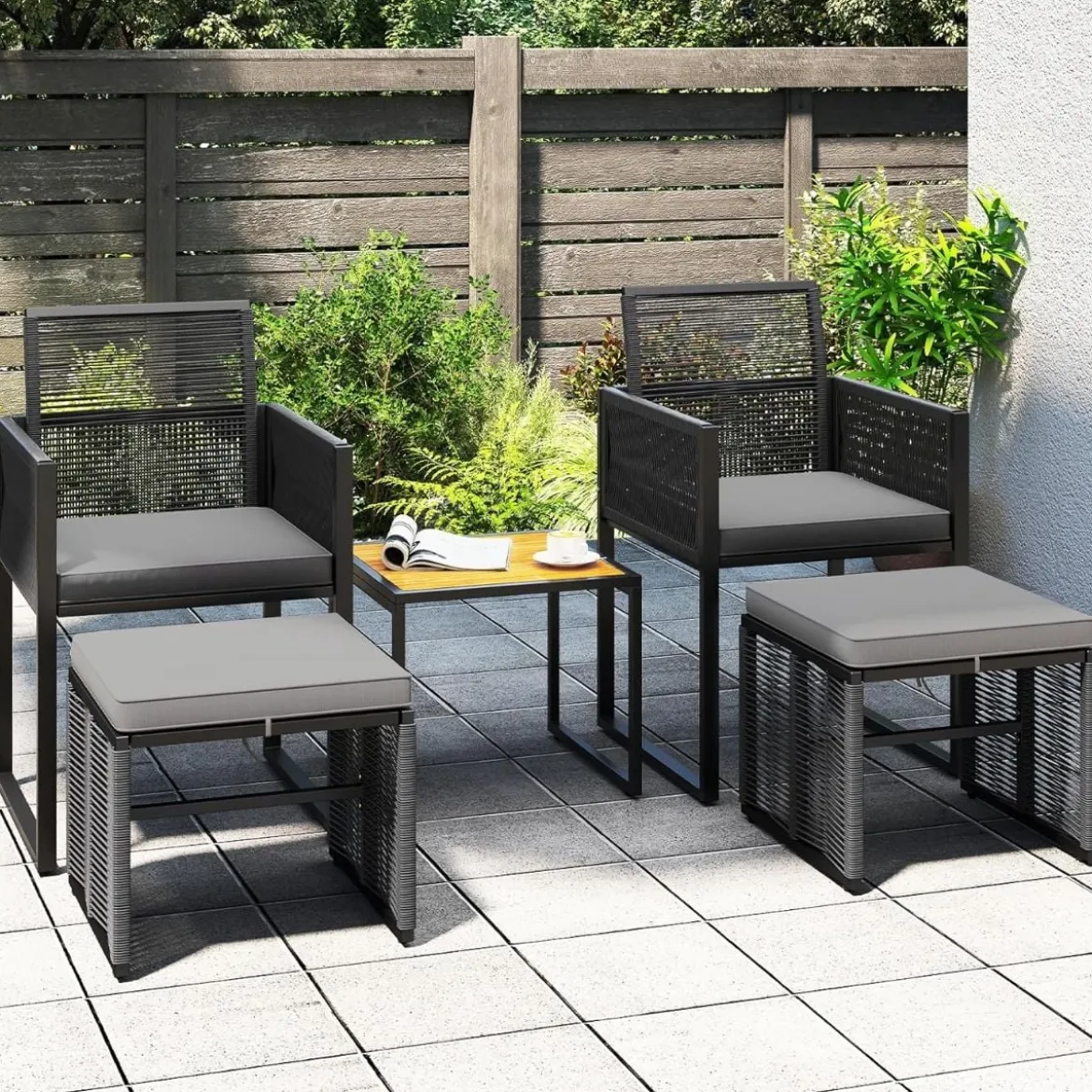 5tlg. Rattan Gartenmöbel Set inkl. 2 Stühle mit Kissen & Hocker & Tisch Balkonset Gartenset