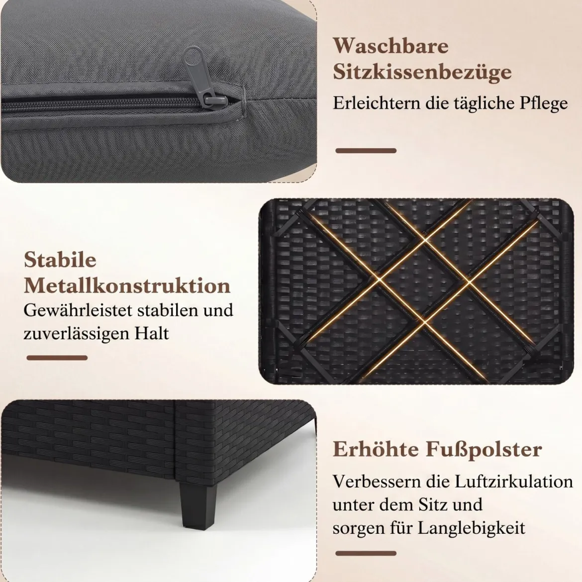 3 TLG. Rattan Gartenmöbel Set inkl. 2 Sessel & 1 Beistelltisch Sitzgarnitur mit Kissen Sitzgruppe