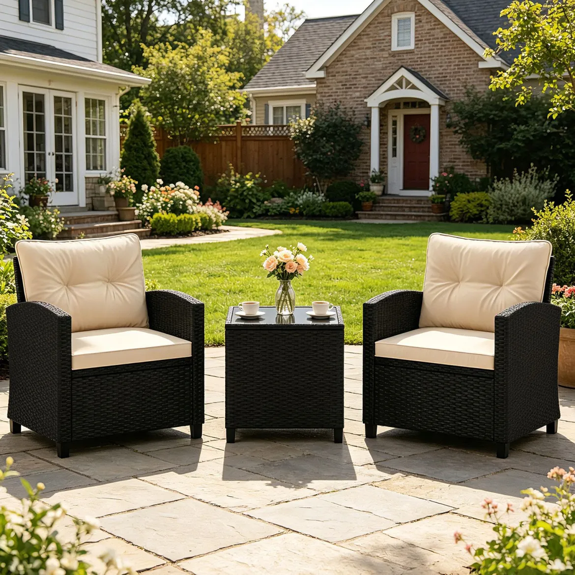 3 TLG. Rattan Gartenmöbel Set inkl. 2 Sessel & 1 Beistelltisch Sitzgarnitur mit Kissen Sitzgruppe
