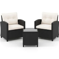 3 TLG. Rattan Gartenmöbel Set inkl. 2 Sessel & 1 Beistelltisch Sitzgarnitur mit Kissen Sitzgruppe