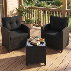 3 TLG. Rattan Gartenmöbel Set inkl. 2 Sessel & 1 Beistelltisch Sitzgarnitur mit Kissen Sitzgruppe