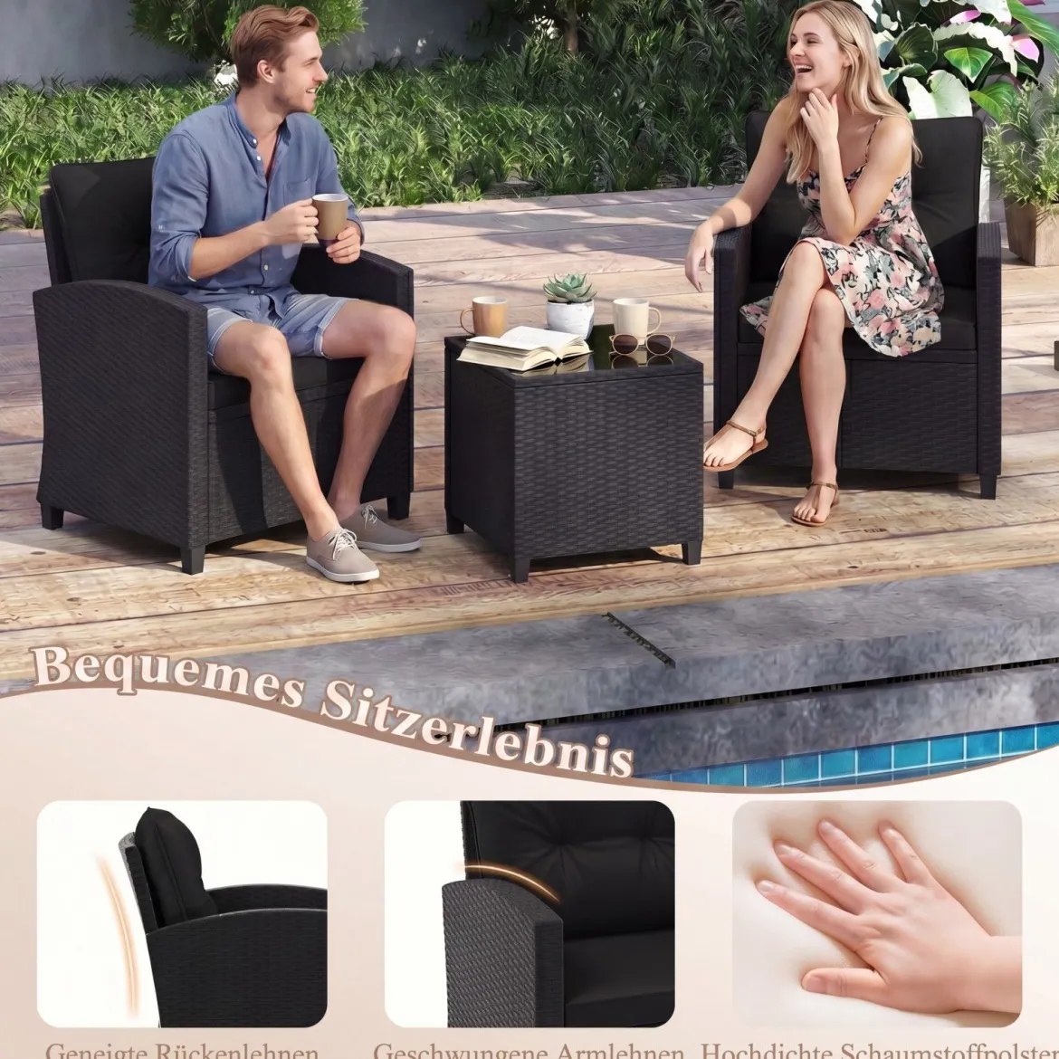 3 TLG. Rattan Gartenmöbel Set inkl. 2 Sessel & 1 Beistelltisch Sitzgarnitur mit Kissen Sitzgruppe