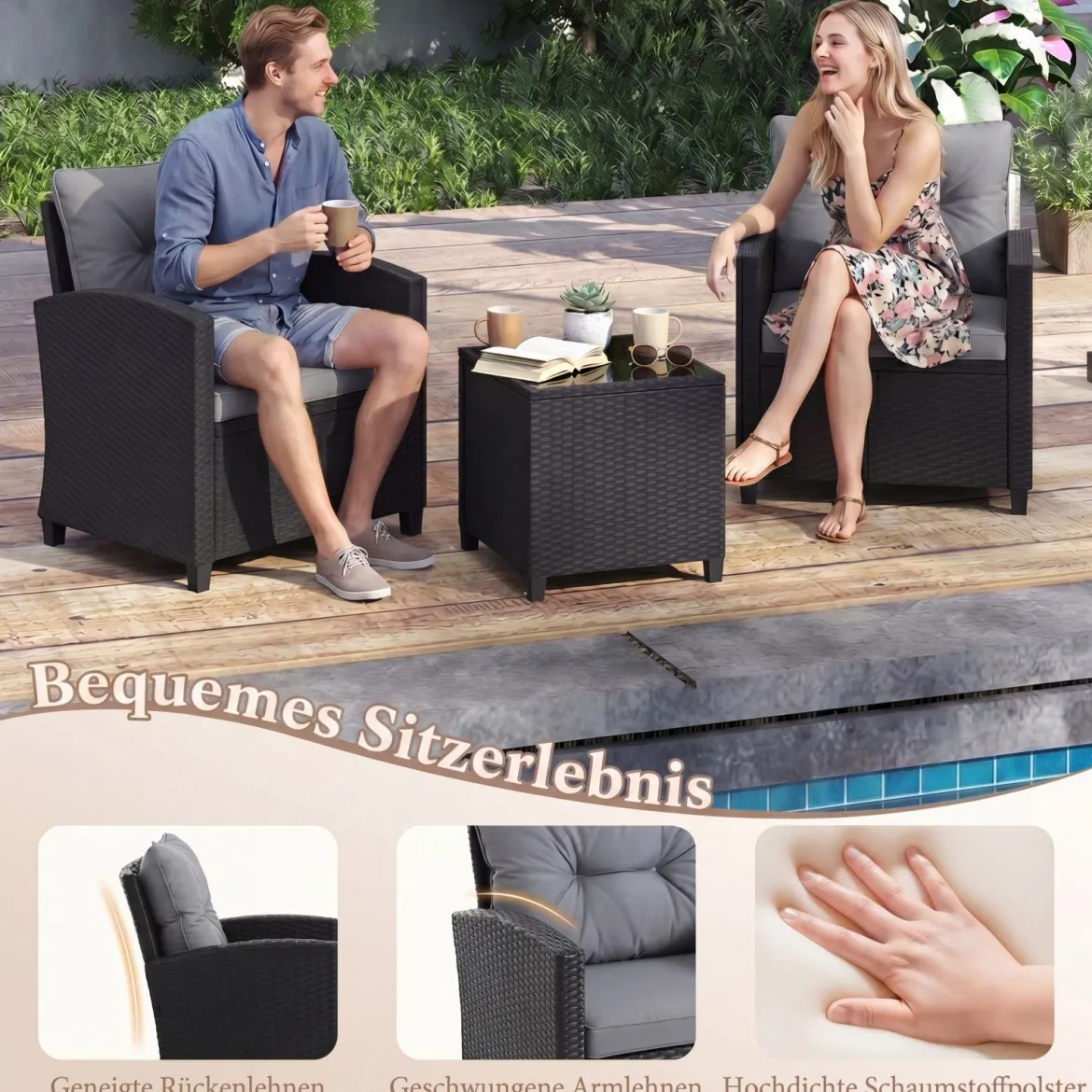 3 TLG. Rattan Gartenmöbel Set inkl. 2 Sessel & 1 Beistelltisch Sitzgarnitur mit Kissen Sitzgruppe