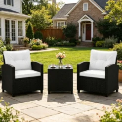 3 TLG. Rattan Gartenmöbel Set inkl. 2 Sessel & 1 Beistelltisch Sitzgarnitur mit Kissen Sitzgruppe