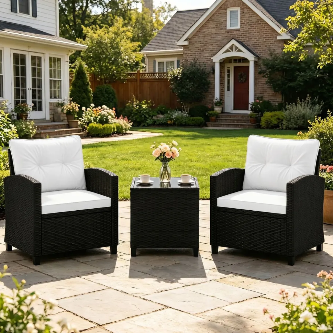 3 TLG. Rattan Gartenmöbel Set inkl. 2 Sessel & 1 Beistelltisch Sitzgarnitur mit Kissen Sitzgruppe