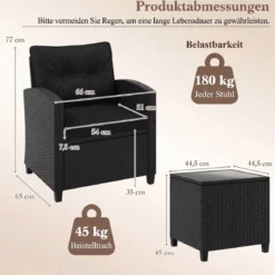 3 TLG. Rattan Gartenmöbel Set inkl. 2 Sessel & 1 Beistelltisch Sitzgarnitur mit Kissen Sitzgruppe