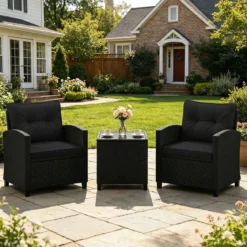 3 TLG. Rattan Gartenmöbel Set inkl. 2 Sessel & 1 Beistelltisch Sitzgarnitur mit Kissen Sitzgruppe