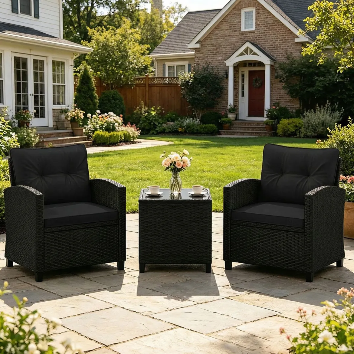 3 TLG. Rattan Gartenmöbel Set inkl. 2 Sessel & 1 Beistelltisch Sitzgarnitur mit Kissen Sitzgruppe