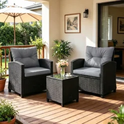 3 TLG. Rattan Gartenmöbel Set inkl. 2 Sessel & 1 Beistelltisch Sitzgarnitur mit Kissen Sitzgruppe