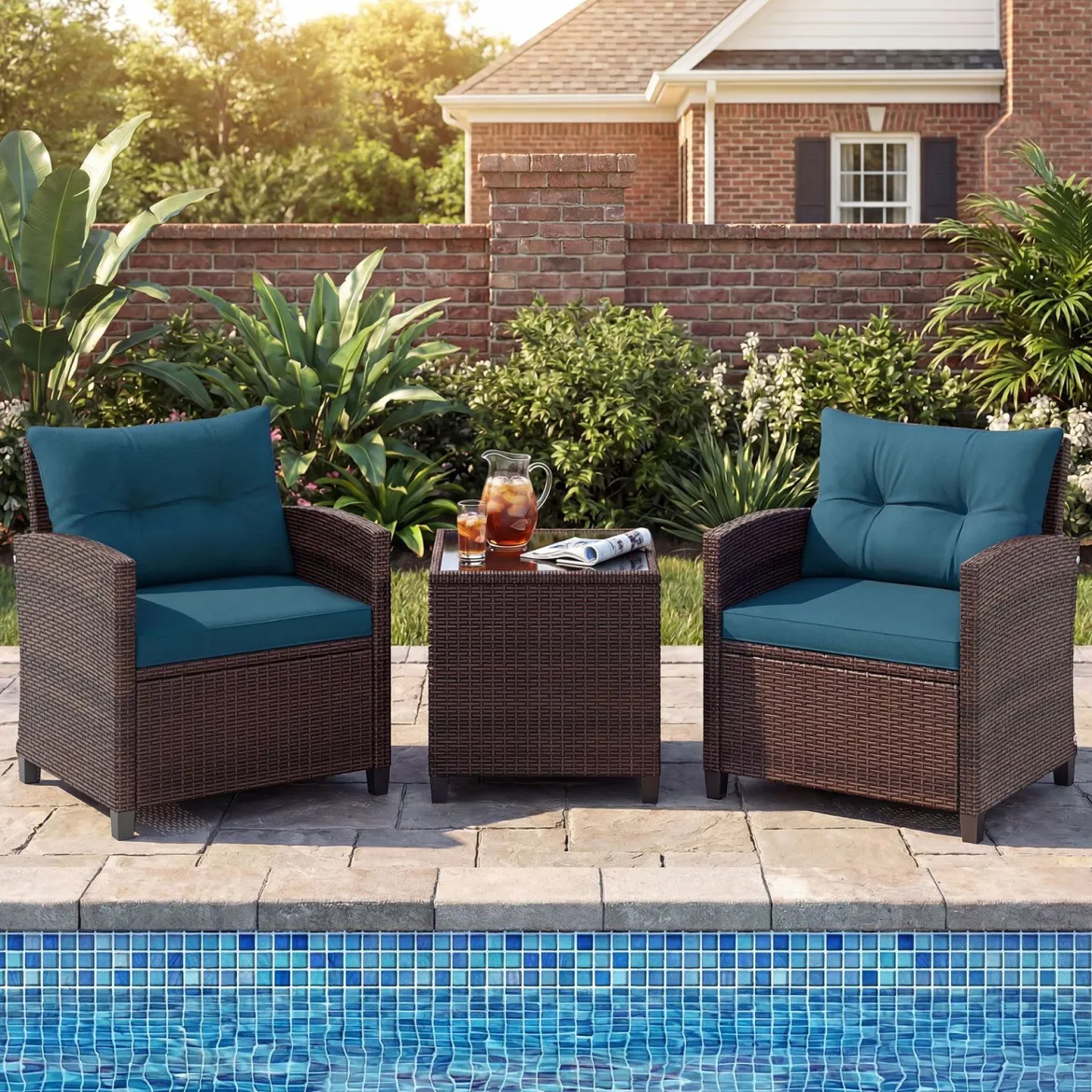 3-TLG. Rattan Gartenmöbel Set inkl. 2 Sessel & 1 Beistelltisch Polyrattan Sitzgruppe Gartengarnitur