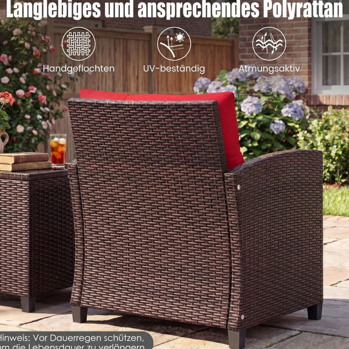 3-TLG. Rattan Gartenmöbel Set inkl. 2 Sessel & 1 Beistelltisch Polyrattan Sitzgruppe Gartengarnitur