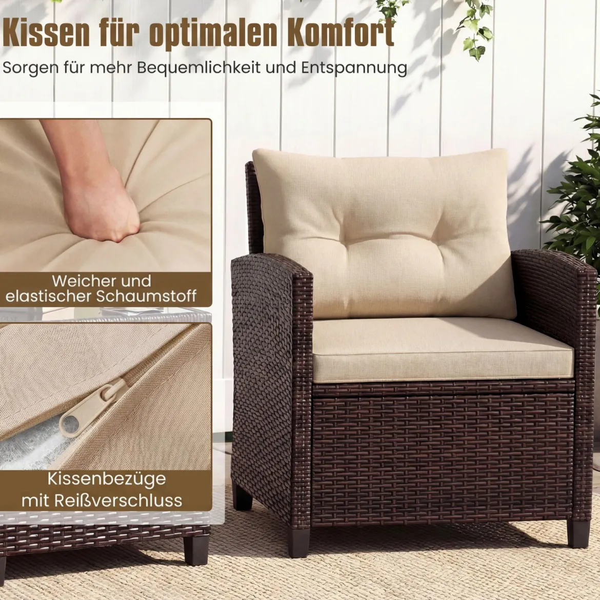 3-TLG. Rattan Gartenmöbel Set inkl. 2 Sessel & 1 Beistelltisch Polyrattan Sitzgruppe Gartengarnitur