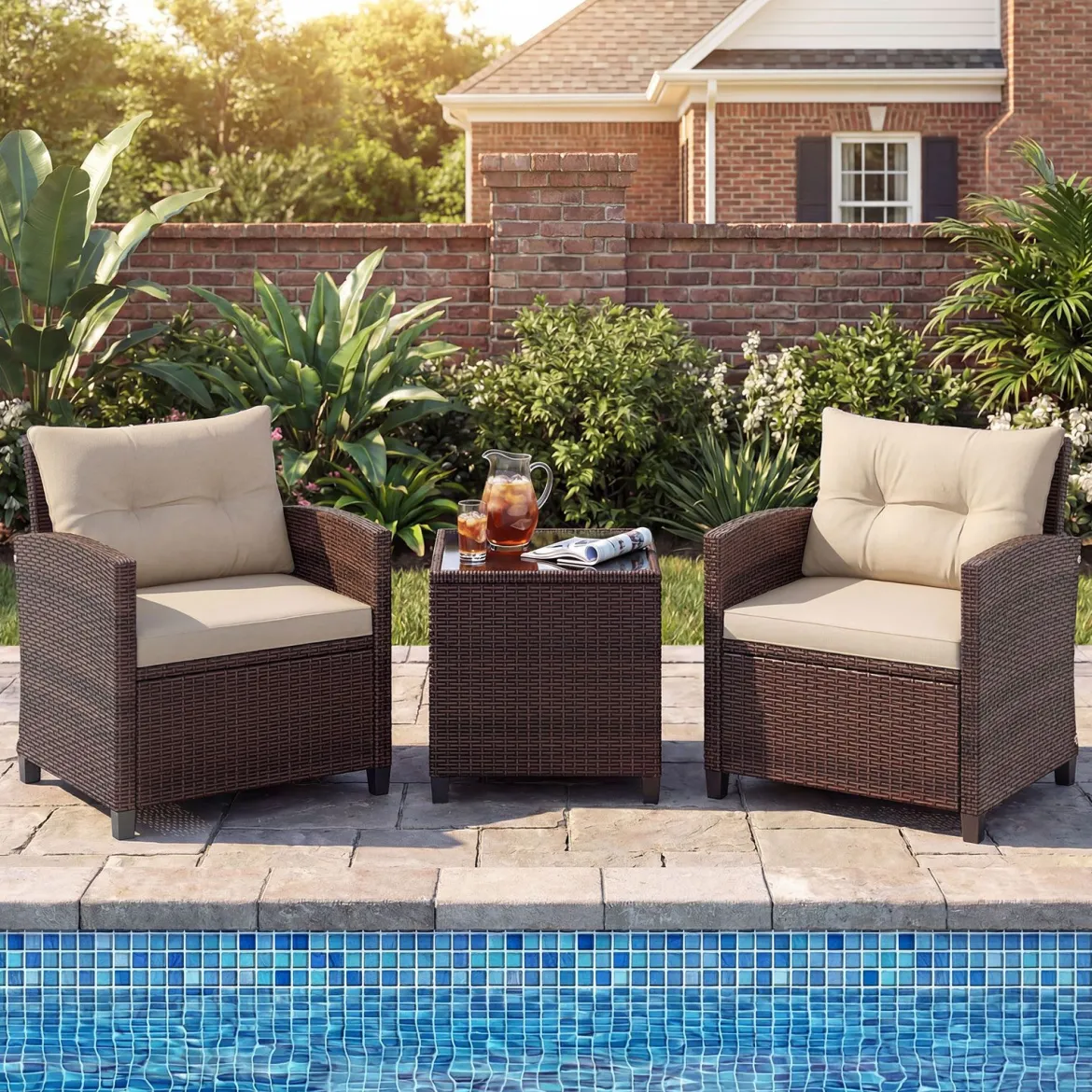 3-TLG. Rattan Gartenmöbel Set inkl. 2 Sessel & 1 Beistelltisch Polyrattan Sitzgruppe Gartengarnitur