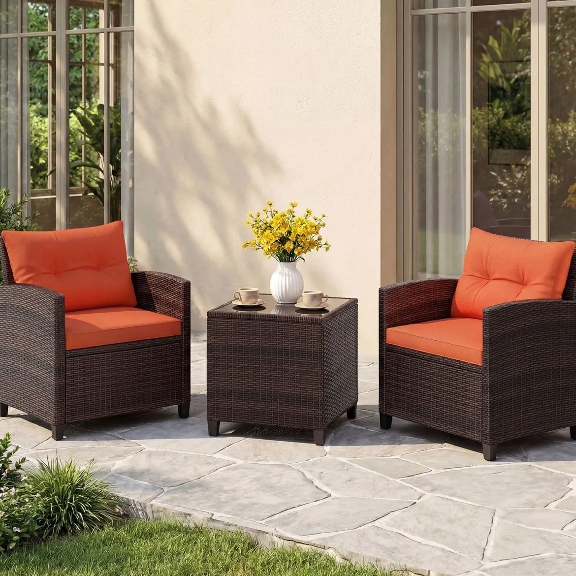 3-TLG. Rattan Gartenmöbel Set inkl. 2 Sessel & 1 Beistelltisch Polyrattan Sitzgruppe Gartengarnitur