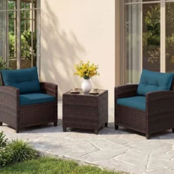 3-TLG. Rattan Gartenmöbel Set inkl. 2 Sessel & 1 Beistelltisch Polyrattan Sitzgruppe Gartengarnitur