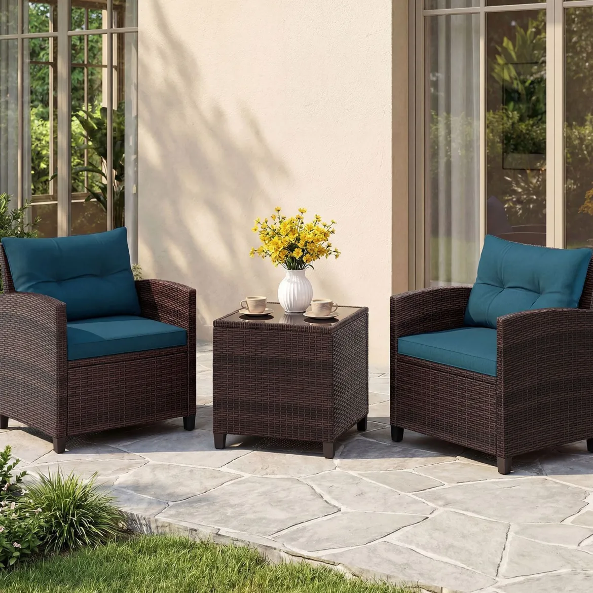 3-TLG. Rattan Gartenmöbel Set inkl. 2 Sessel & 1 Beistelltisch Polyrattan Sitzgruppe Gartengarnitur