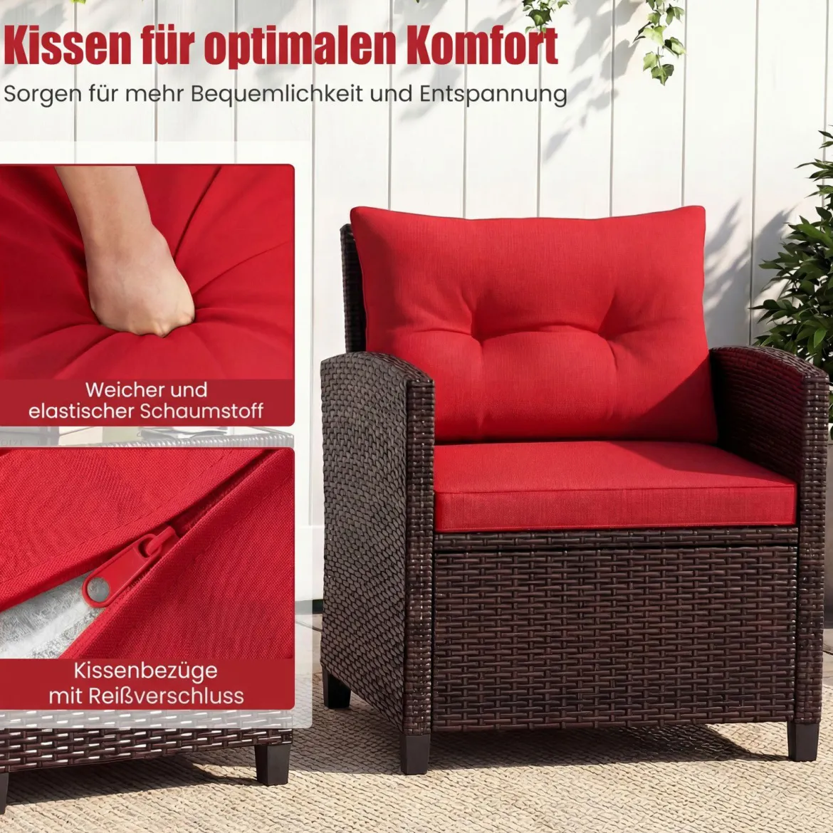 3-TLG. Rattan Gartenmöbel Set inkl. 2 Sessel & 1 Beistelltisch Polyrattan Sitzgruppe Gartengarnitur