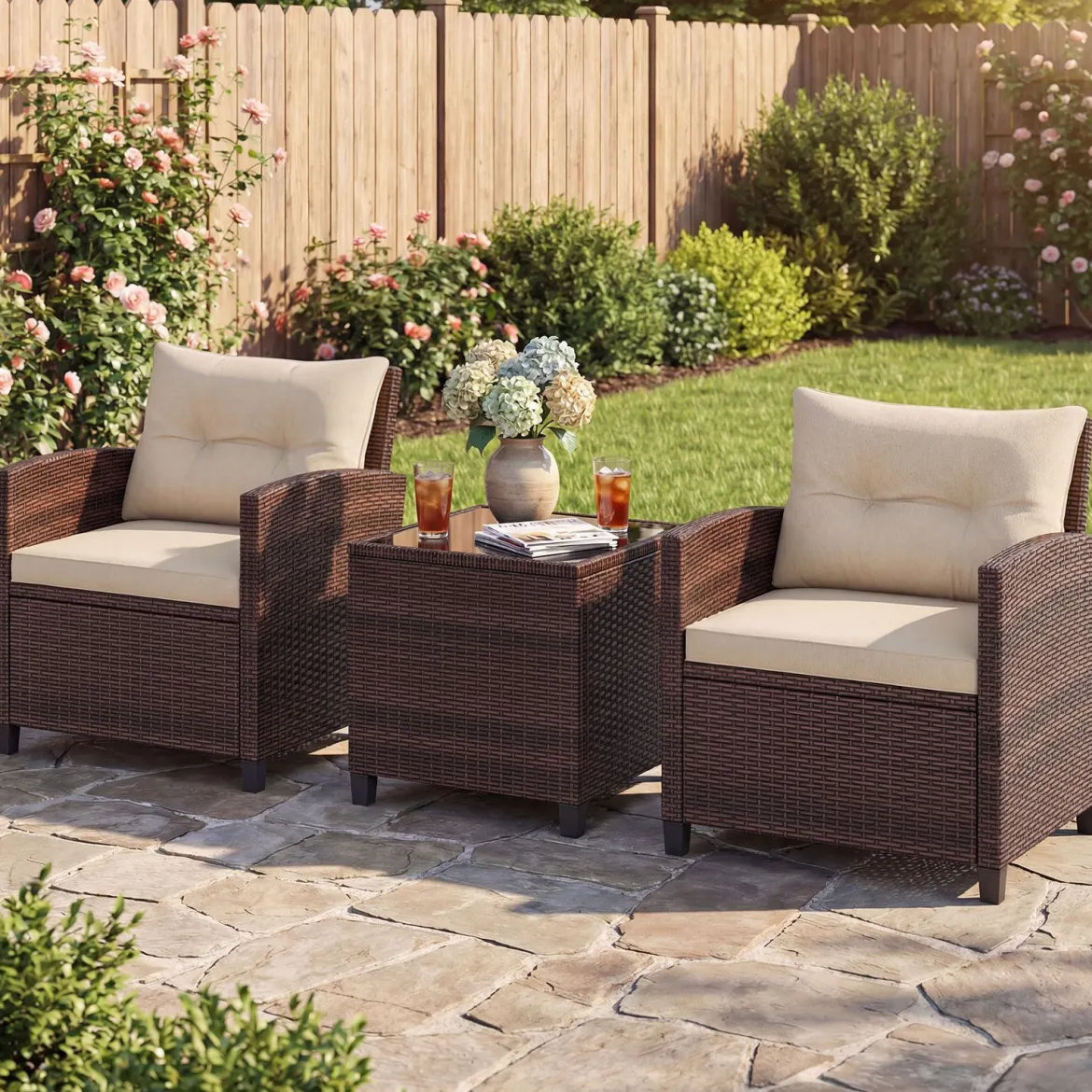 3-TLG. Rattan Gartenmöbel Set inkl. 2 Sessel & 1 Beistelltisch Polyrattan Sitzgruppe Gartengarnitur