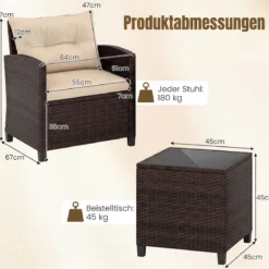 3-TLG. Rattan Gartenmöbel Set inkl. 2 Sessel & 1 Beistelltisch Polyrattan Sitzgruppe Gartengarnitur