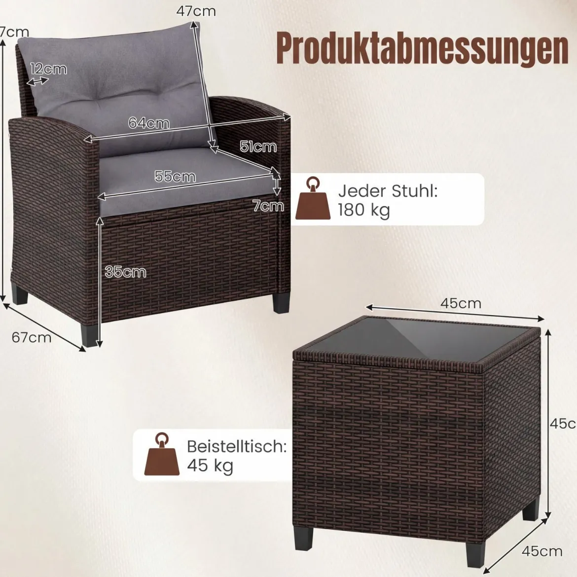 3-TLG. Rattan Gartenmöbel Set inkl. 2 Sessel & 1 Beistelltisch Polyrattan Sitzgruppe Gartengarnitur