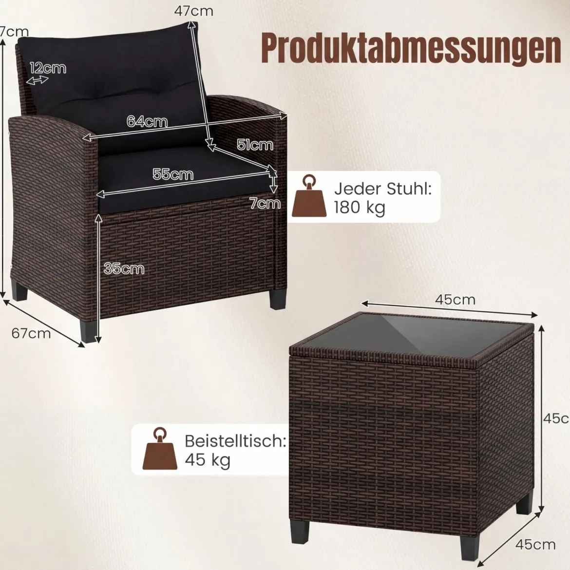 3-TLG. Rattan Gartenmöbel Set inkl. 2 Sessel & 1 Beistelltisch Polyrattan Sitzgruppe Gartengarnitur